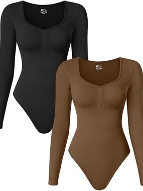 TOB 2 Piece Bodysuits Seamless Ribbed Long Sleeve Tummy Control Bodysuits
